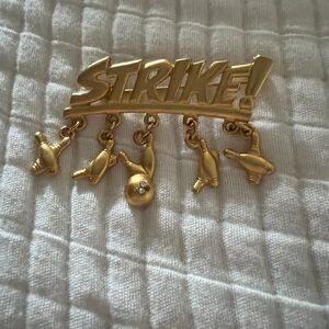 Vintage Brushed Gold Strike Bowling Pins Ball Charms Brooch Pin